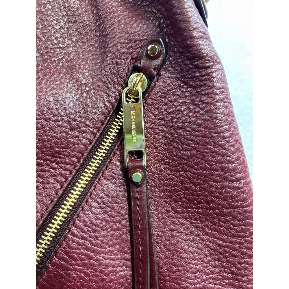 Michael Kors Burgundy Pebbled Shoulder Bag Gold Hardware Zip Inner Pockets